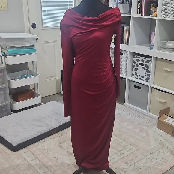 Women's Long Sleeve Bodycon Maxi Dress One Shoulder Ruched Fall Formal Wedding G - Picture 6 of 6